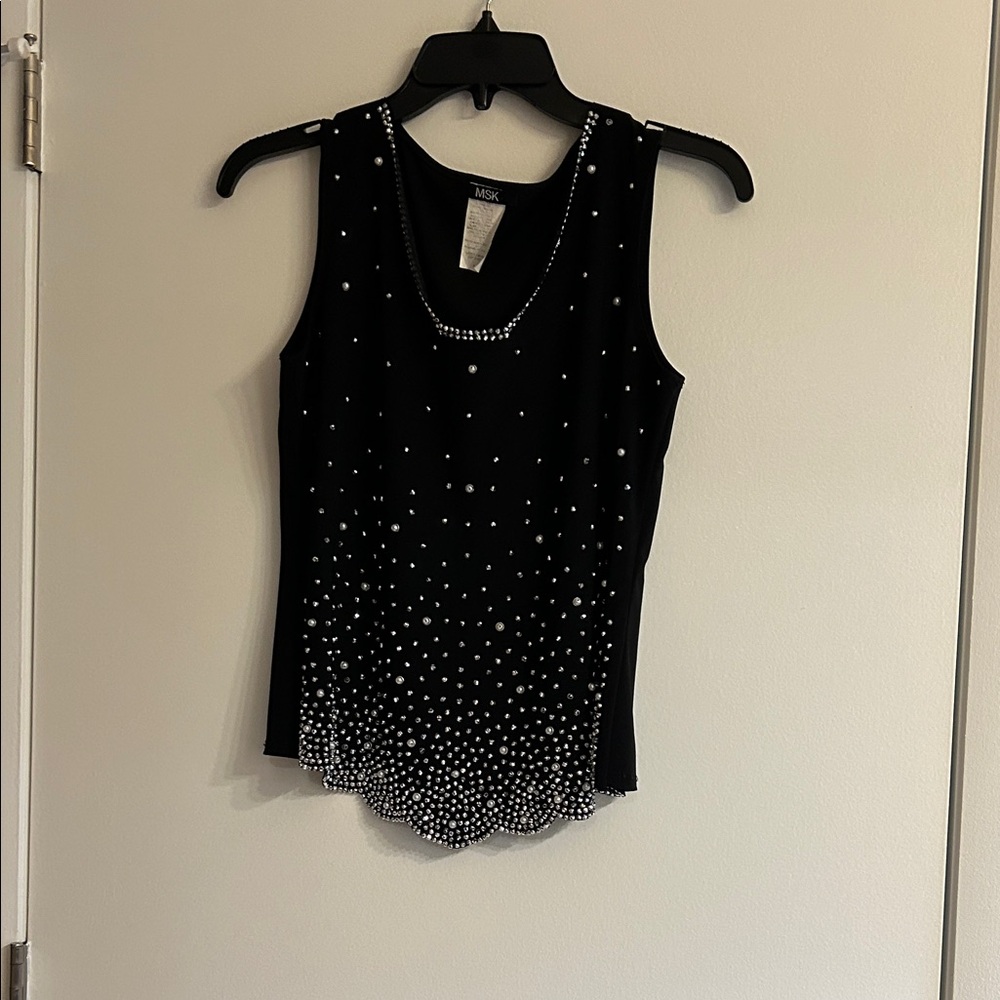 MSK Black Sleeveless Tank with Rhinestone Accent